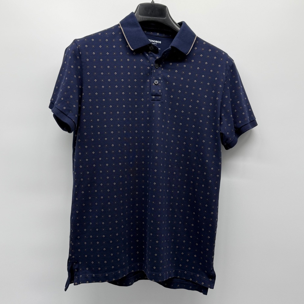 Bonobos Mens Slim Fit Polo Shirt Navy Blue Geometric Print Size M BKT05474S